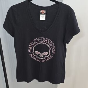 Harley-Davidson Black Tee with Pink Rhinestone Skull